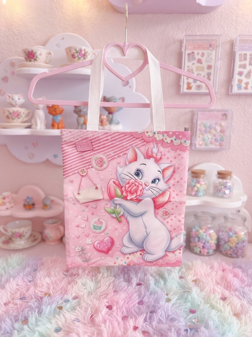 Disney Pink Marie Cat Tote Bag with Rose Illustration